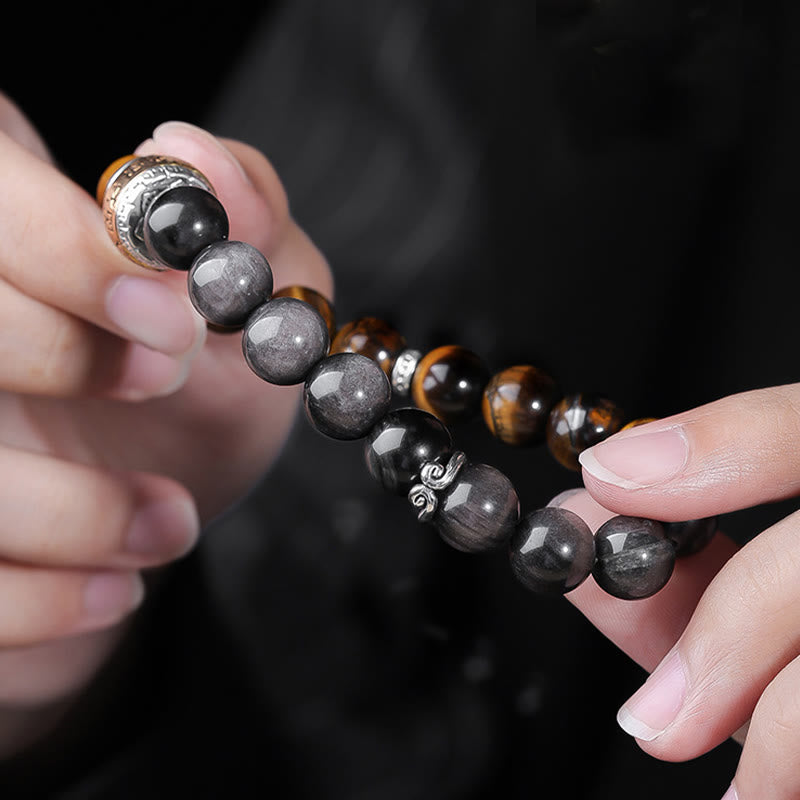Bracelet de force en Buddha Stones naturelle argentée et brillante avec six mots vrais « om Mani Padme Hum » et œil de tigre