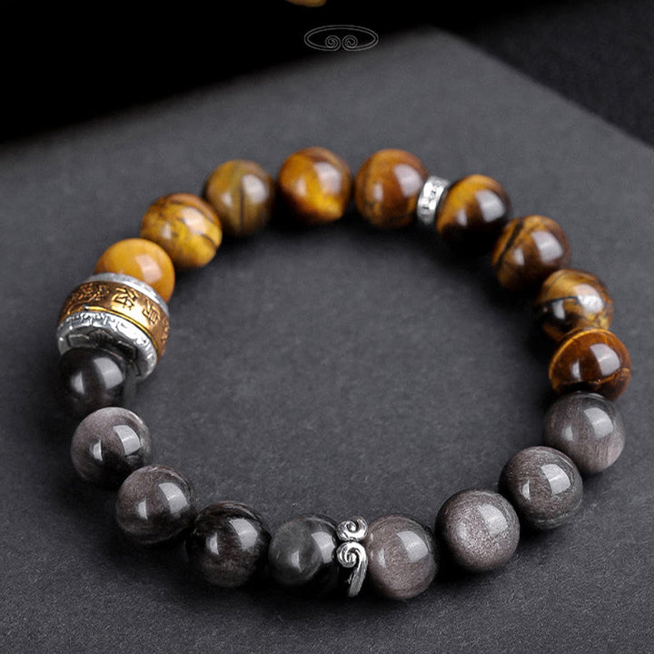 Bracelet de force en Buddha Stones naturelle argentée et brillante avec six mots vrais « om Mani Padme Hum » et œil de tigre