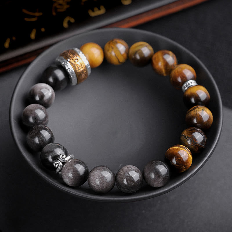 Bracelet de force en Buddha Stones naturelle argentée et brillante avec six mots vrais « om Mani Padme Hum » et œil de tigre