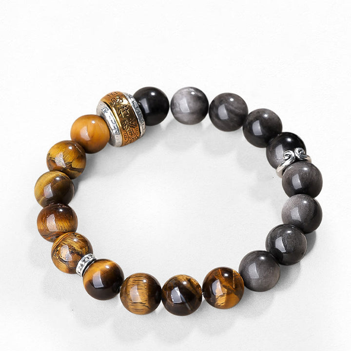 Bracelet de force en Buddha Stones naturelle argentée et brillante avec six mots vrais « om Mani Padme Hum » et œil de tigre