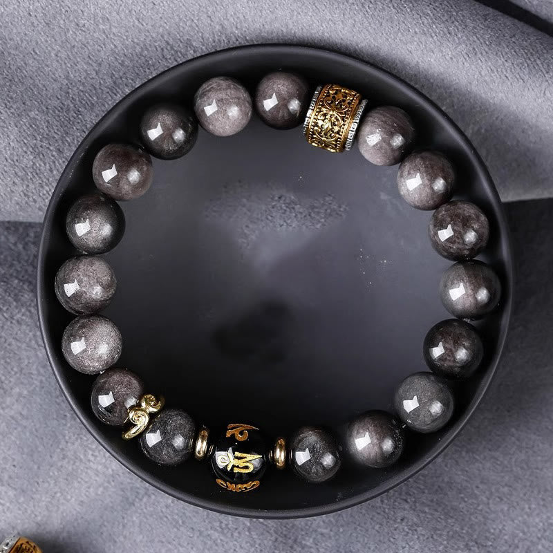 Bracelet de force en Buddha Stones naturelle argentée et brillante avec six mots vrais « om Mani Padme Hum » et œil de tigre