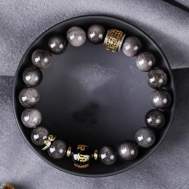 Bracelet de force en Buddha Stones naturelle argentée et brillante avec six mots vrais « om Mani Padme Hum » et œil de tigre