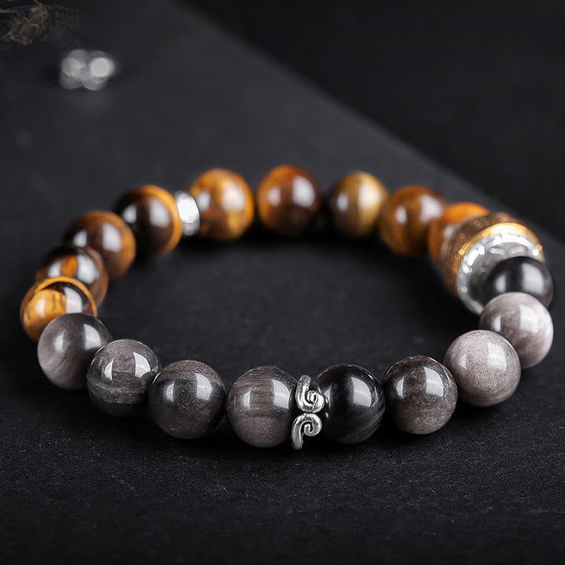 Bracelet de force en Buddha Stones naturelle argentée et brillante avec six mots vrais « om Mani Padme Hum » et œil de tigre