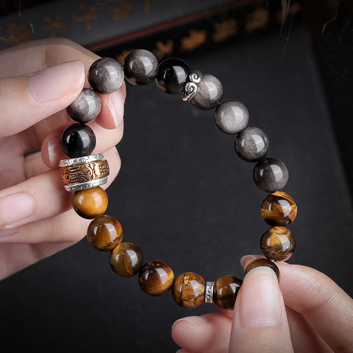 Bracelet de force en Buddha Stones naturelle argentée et brillante avec six mots vrais « om Mani Padme Hum » et œil de tigre
