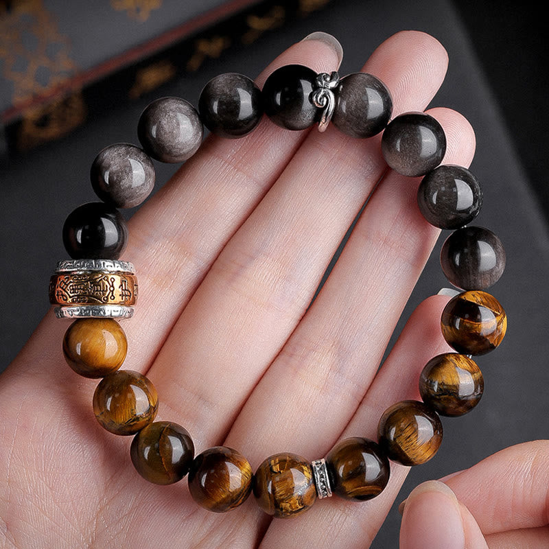 Bracelet de force en Buddha Stones naturelle argentée et brillante avec six mots vrais « om Mani Padme Hum » et œil de tigre