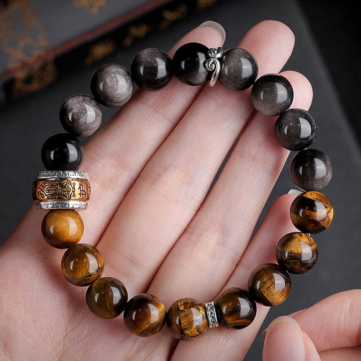 Bracelet de force en Buddha Stones naturelle argentée et brillante avec six mots vrais « om Mani Padme Hum » et œil de tigre