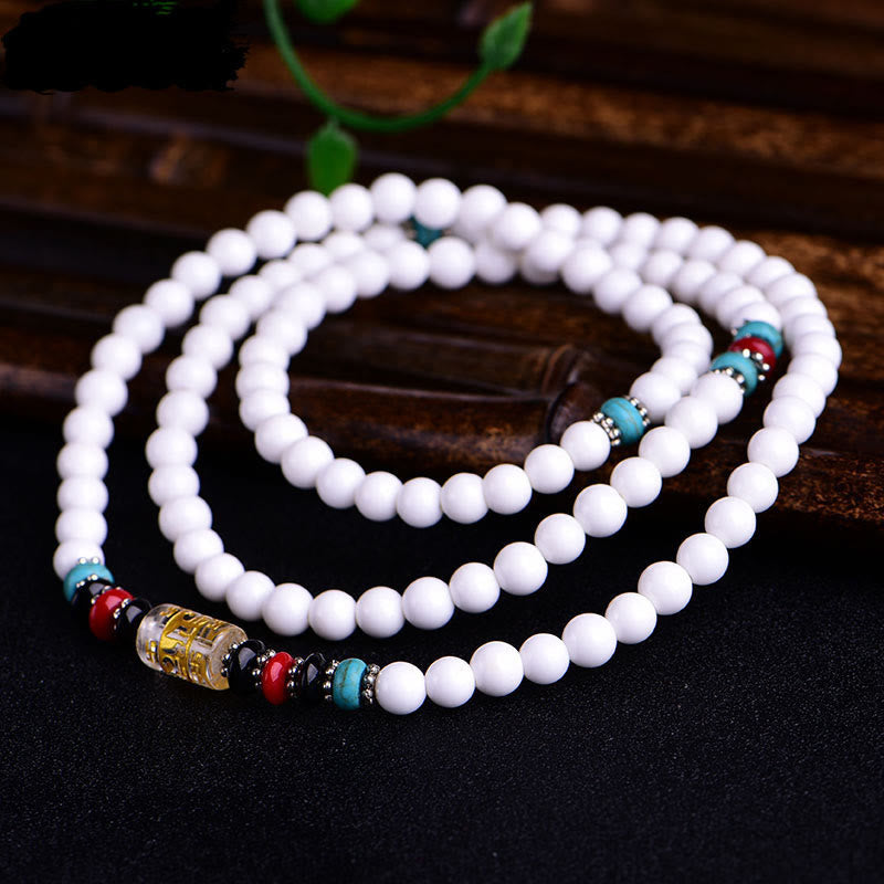 Bracelet Mala 108 perles en porcelaine blanche Buddha Stones Six mots vrais « Om Mani Padme Hum » Patience