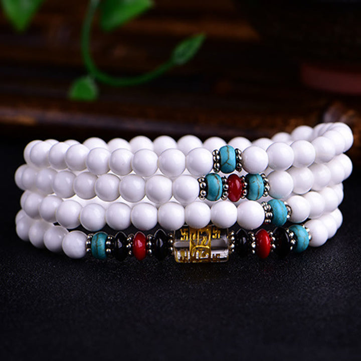 Bracelet Mala 108 perles en porcelaine blanche Buddha Stones Six mots vrais « Om Mani Padme Hum » Patience