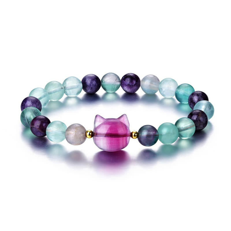 Bracelet porte-bonheur en Buddha Stones, améthyste, aventurine verte, quartz rose, fluorite, tête de chat - image 18