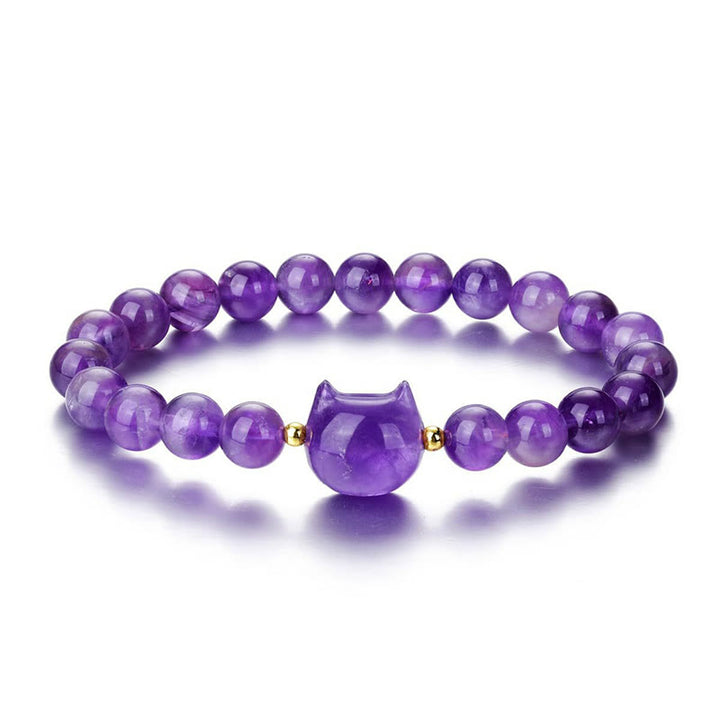 Bracelet porte-bonheur en Buddha Stones, améthyste, aventurine verte, quartz rose, fluorite, tête de chat - image 5