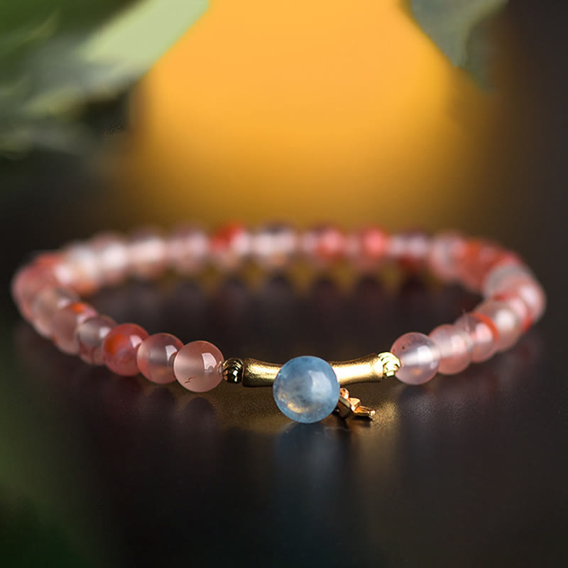 Bracelet porte-bonheur en agate rouge du sud, aigue-marine, perle, jade Hetian, fleur de bambou