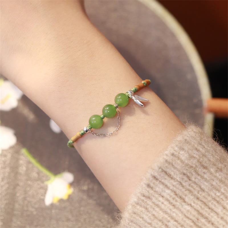 Bracelet tressé en argent sterling 925 Buddha Stones de bambou, perles de calcédoine et jade Hetian