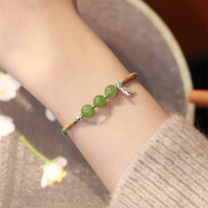 Bracelet tressé en argent sterling 925 Buddha Stones de bambou, perles de calcédoine et jade Hetian