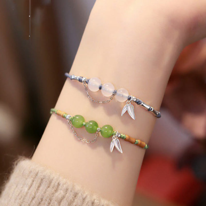 Bracelet tressé en argent sterling 925 Buddha Stones de bambou, perles de calcédoine et jade Hetian