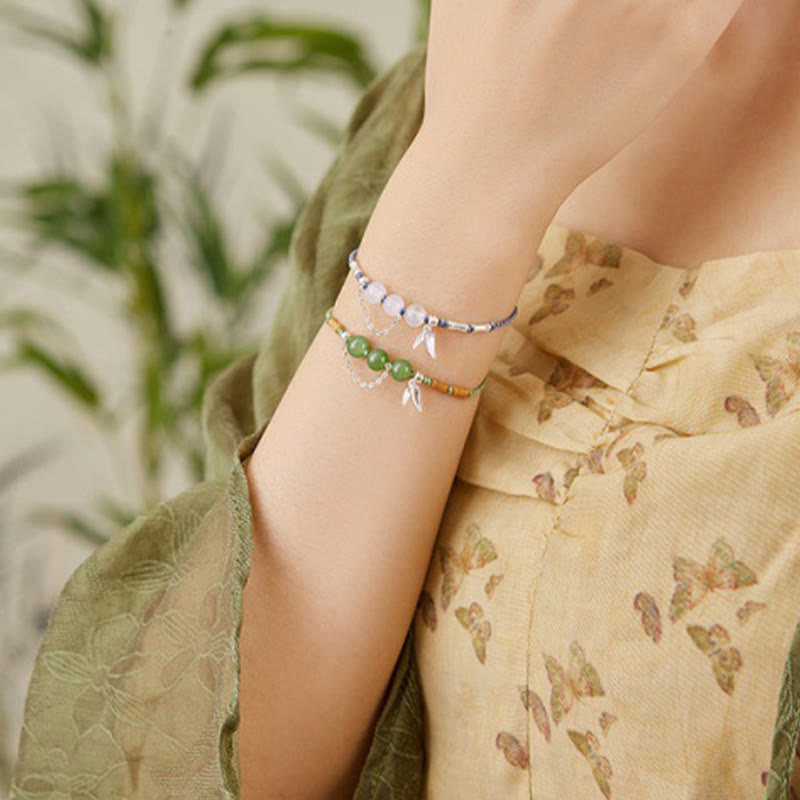 Bracelet tressé en argent sterling 925 Buddha Stones de bambou, perles de calcédoine et jade Hetian