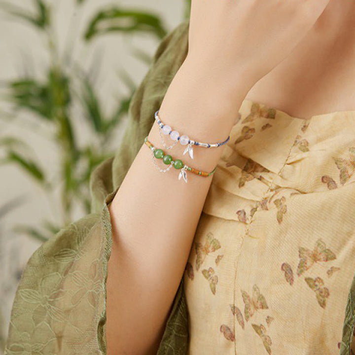 Bracelet tressé en argent sterling 925 Buddha Stones de bambou, perles de calcédoine et jade Hetian
