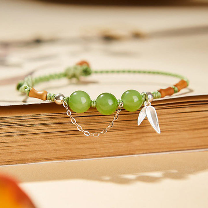 Bracelet tressé en argent sterling 925 Buddha Stones de bambou, perles de calcédoine et jade Hetian