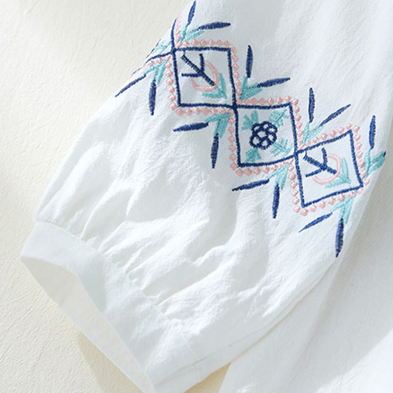 Chemises pour femmes en coton et lin à manches longues avec broderie géométrique et Buddha Stones - image 13