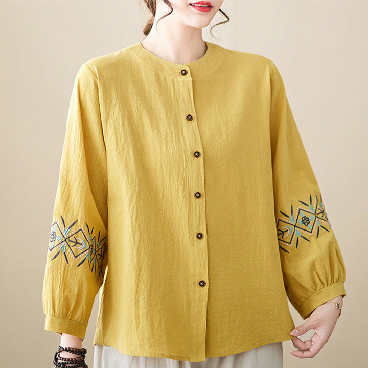 Chemises pour femmes en coton et lin à manches longues avec broderie géométrique et Buddha Stones