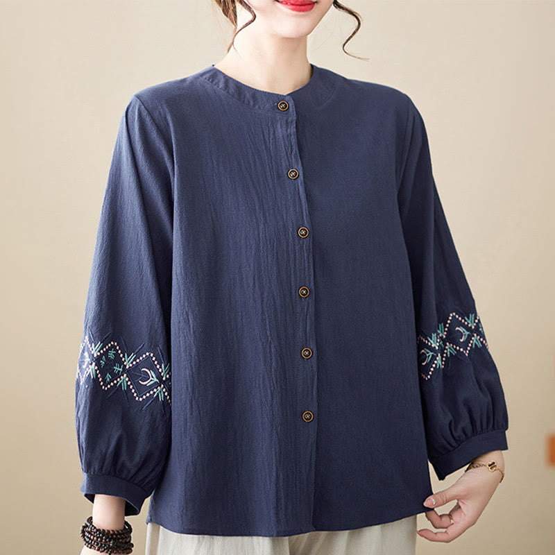 Chemises pour femmes en coton et lin à manches longues avec broderie géométrique et Buddha Stones - bleu foncé - US12，UK/AU16，EU44 (3XL) - image 14