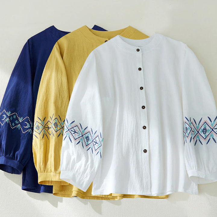 Chemises pour femmes en coton et lin à manches longues avec broderie géométrique et Buddha Stones
