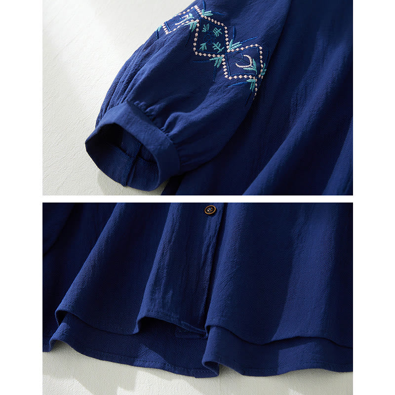 Chemises pour femmes en coton et lin à manches longues avec broderie géométrique et Buddha Stones
