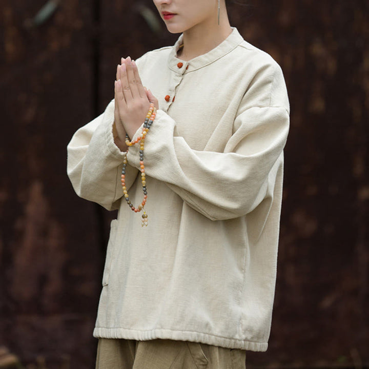 Chemise à manches longues en lin ramie thermique rétro couleur unie Buddha Stones pour femme