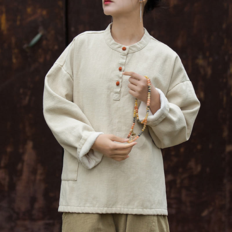 Chemise à manches longues en lin ramie thermique rétro couleur unie Buddha Stones pour femme