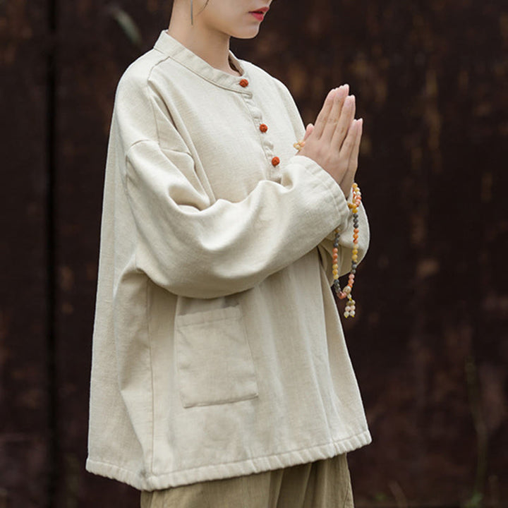 Chemise à manches longues en lin ramie thermique rétro couleur unie Buddha Stones pour femme