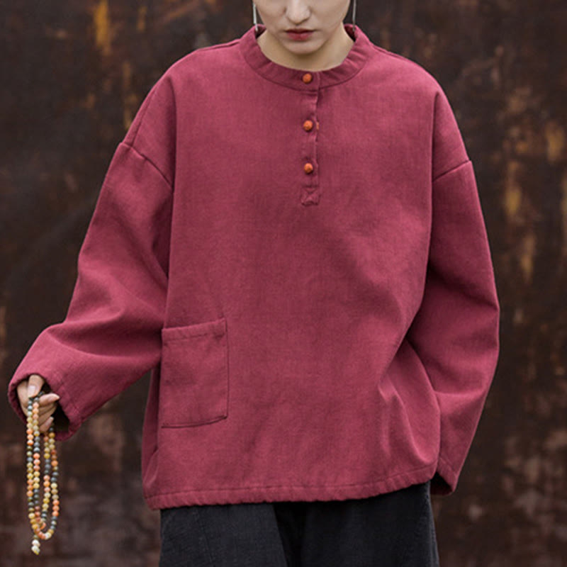 Chemise à manches longues en lin ramie thermique rétro couleur unie Buddha Stones pour femme