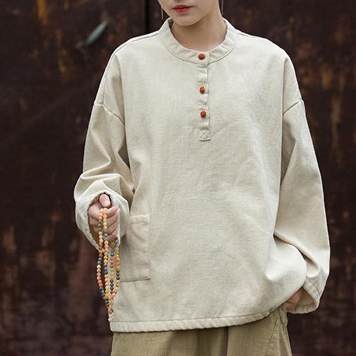Chemise à manches longues en lin ramie thermique rétro couleur unie Buddha Stones pour femme