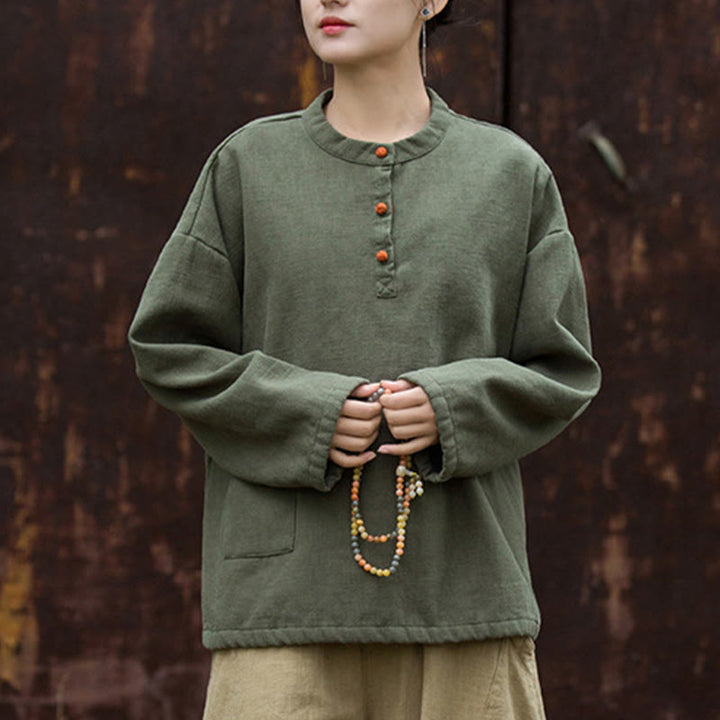 Chemise à manches longues en lin ramie thermique rétro couleur unie Buddha Stones pour femme
