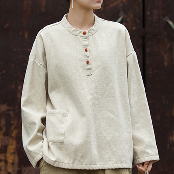 Chemise à manches longues en lin ramie thermique rétro couleur unie Buddha Stones pour femme