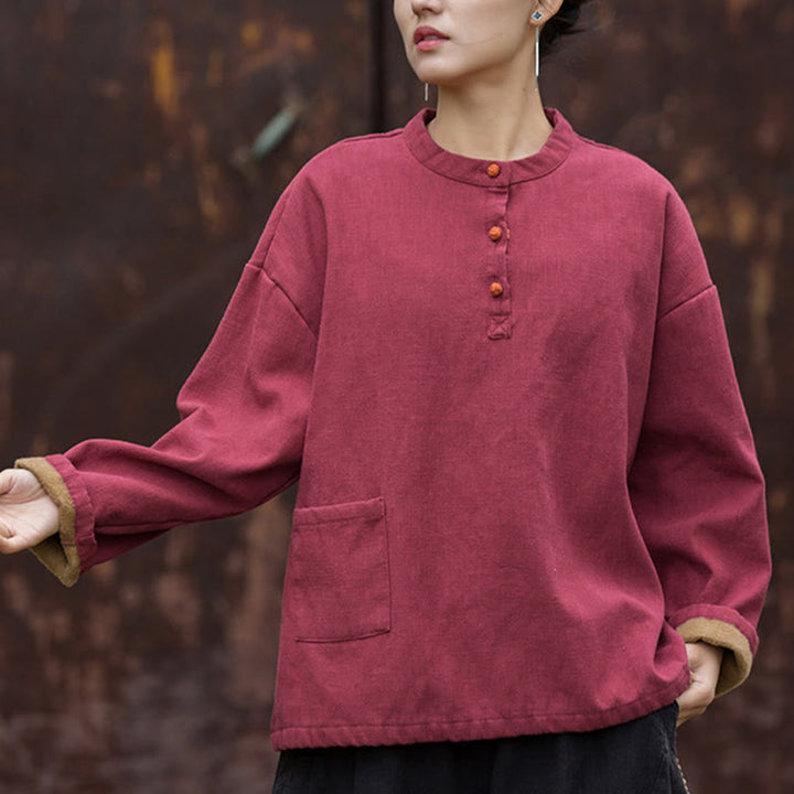 Chemise à manches longues en lin ramie thermique rétro couleur unie Buddha Stones pour femme