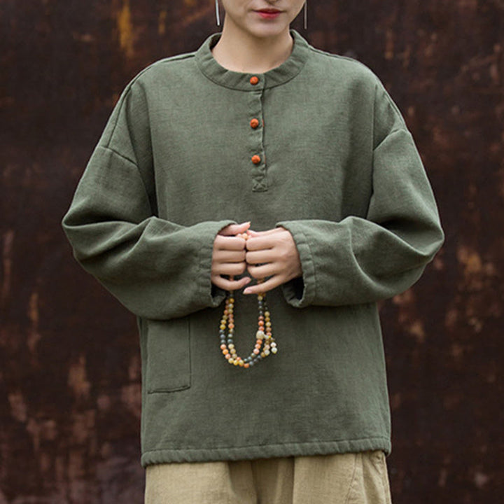Chemise à manches longues en lin ramie thermique rétro couleur unie Buddha Stones pour femme