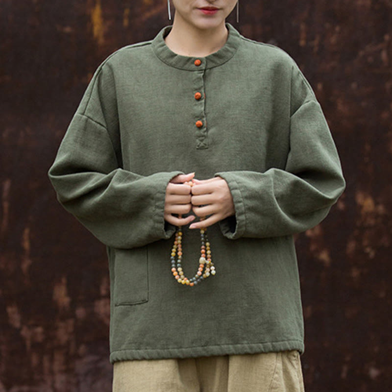 Chemise à manches longues en lin ramie thermique rétro couleur unie Buddha Stones pour femme - image 10