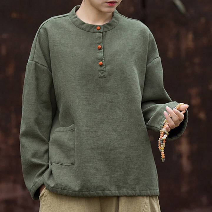 Chemise à manches longues en lin ramie thermique rétro couleur unie Buddha Stones pour femme