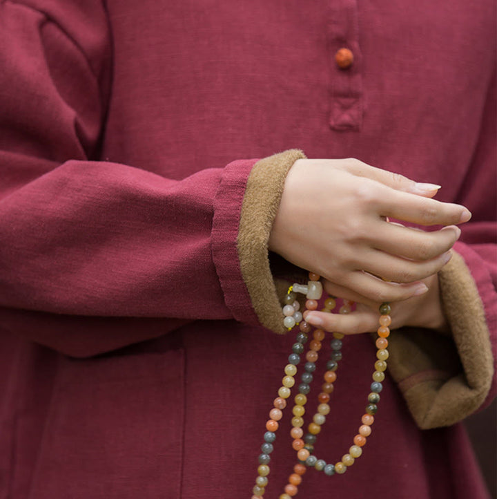 Chemise à manches longues en lin ramie thermique rétro couleur unie Buddha Stones pour femme