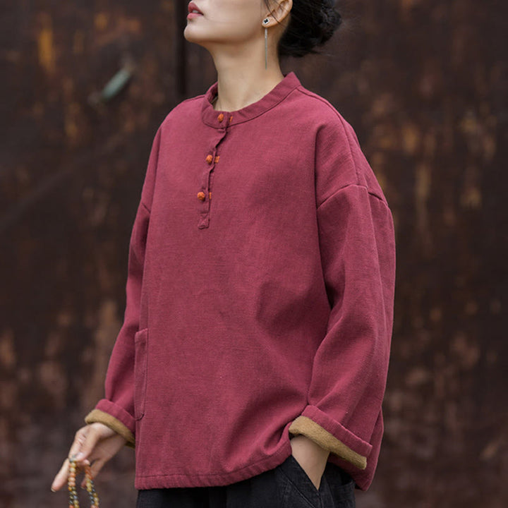 Chemise à manches longues en lin ramie thermique rétro couleur unie Buddha Stones pour femme