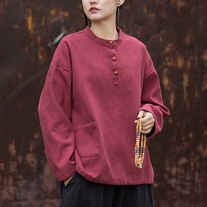 Chemise à manches longues en lin ramie thermique rétro couleur unie Buddha Stones pour femme