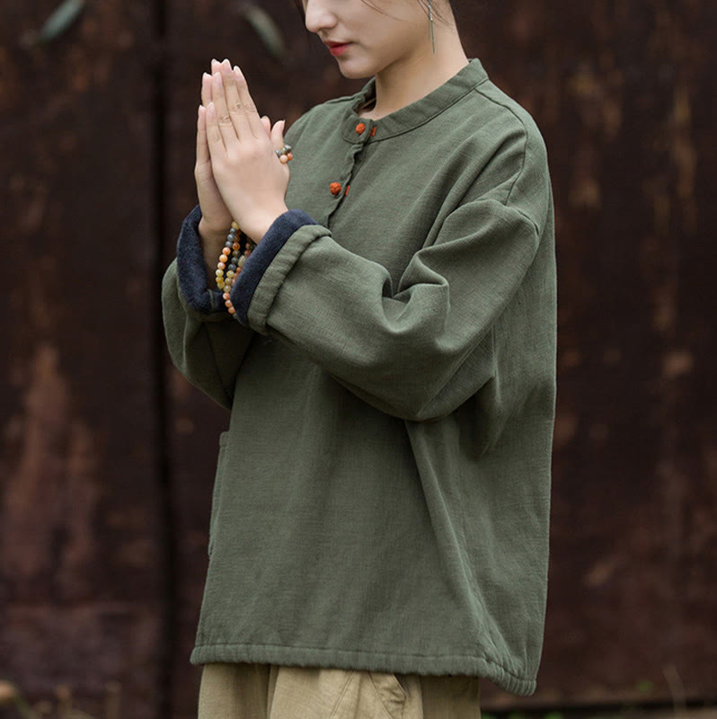 Chemise à manches longues en lin ramie thermique rétro couleur unie Buddha Stones pour femme