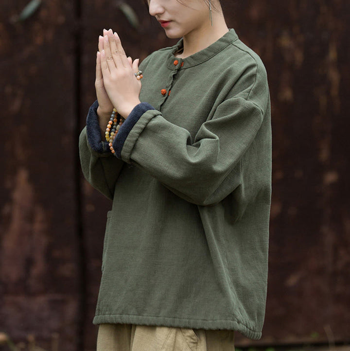 Chemise à manches longues en lin ramie thermique rétro couleur unie Buddha Stones pour femme
