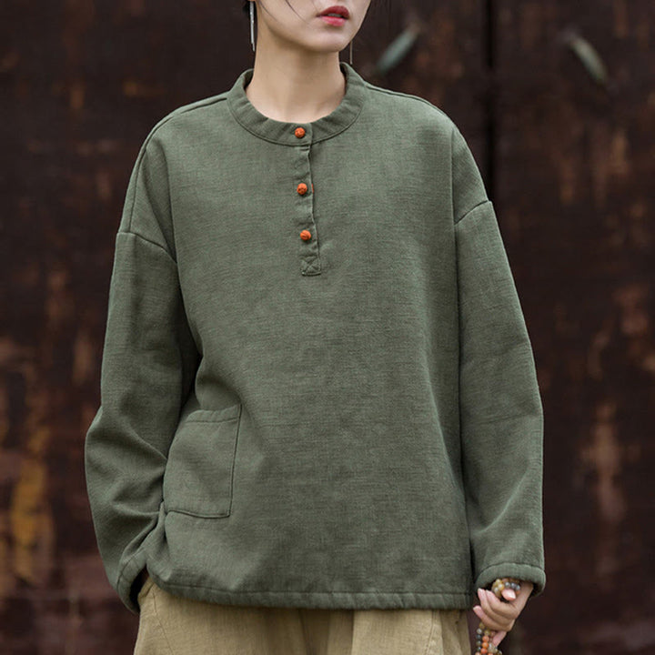Chemise à manches longues en lin ramie thermique rétro couleur unie Buddha Stones pour femme