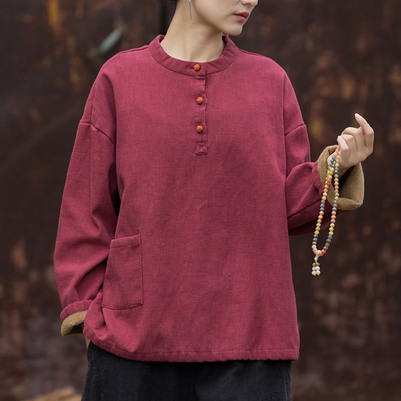 Chemise à manches longues en lin ramie thermique rétro couleur unie Buddha Stones pour femme - image 21