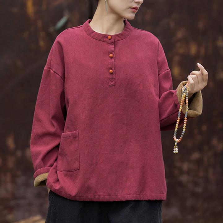 Chemise à manches longues en lin ramie thermique rétro couleur unie Buddha Stones pour femme