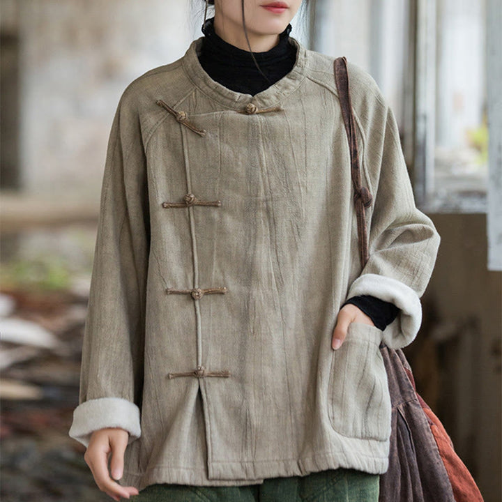 Chemise thermique à manches longues et boutons de grenouille en lin ramie pour femme de couleur unie Buddha Stones - Avoine - US4-12, UK/AU8-16, EU36-44 (F) - image 0