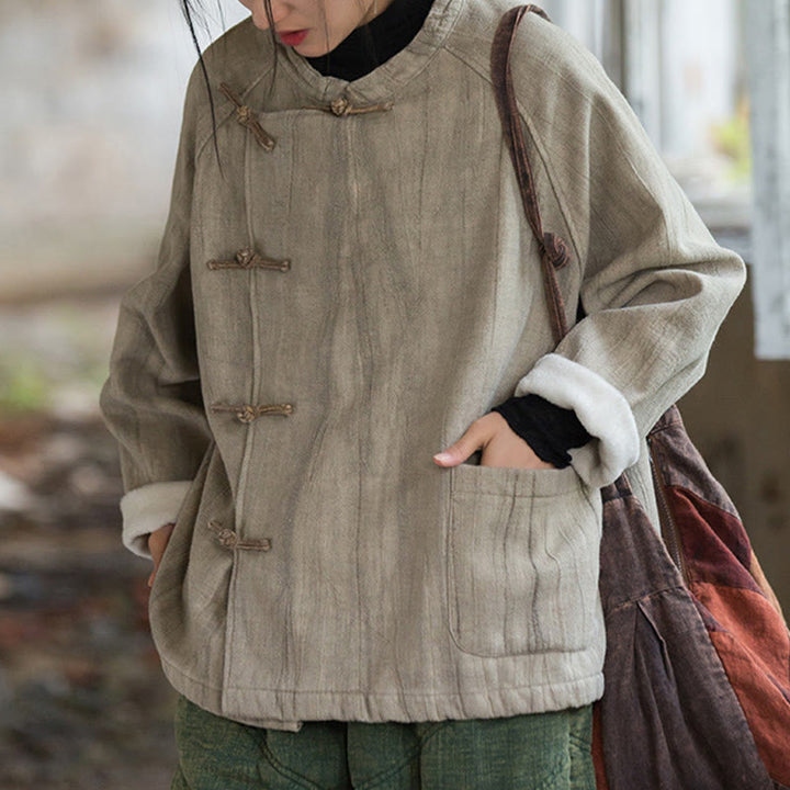 Chemise thermique à manches longues et boutons de grenouille en lin ramie pour femme de couleur unie Buddha Stones - image 1