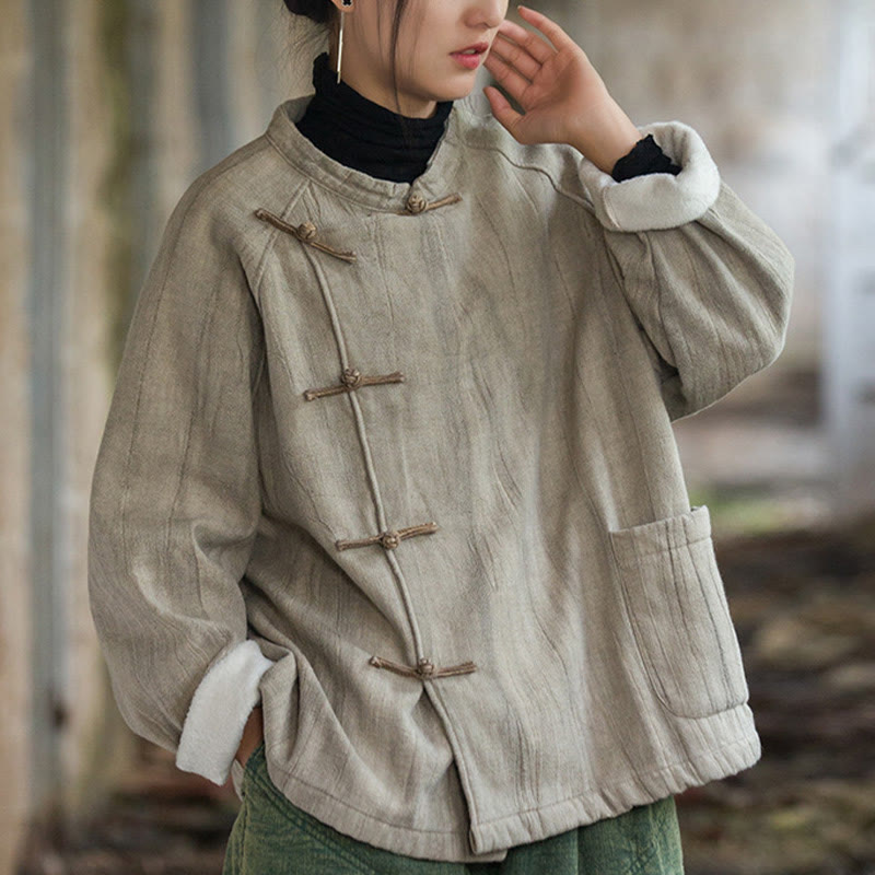 Chemise thermique à manches longues et boutons de grenouille en lin ramie pour femme de couleur unie Buddha Stones - image 3