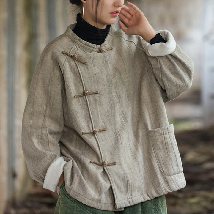 Chemise thermique à manches longues et boutons de grenouille en lin ramie pour femme de couleur unie Buddha Stones - image 3