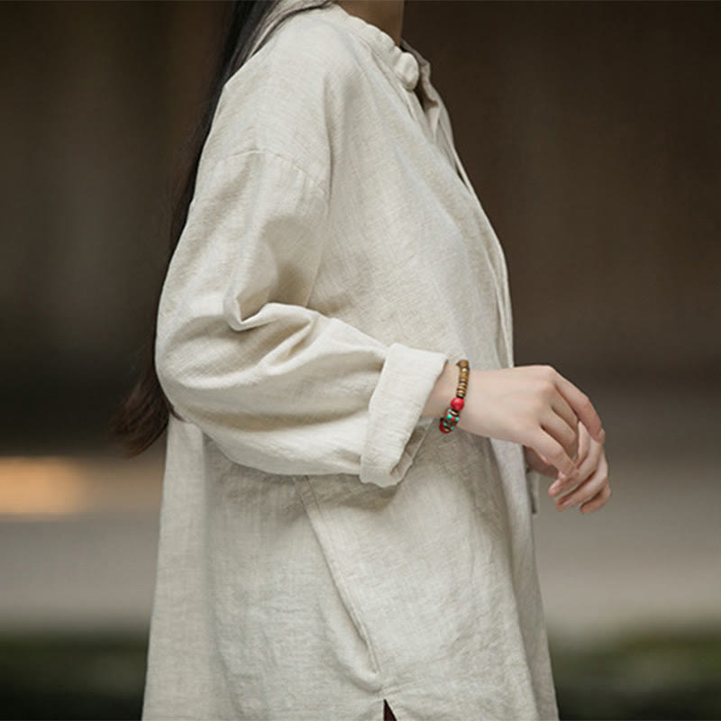 Chemise à manches longues en lin ramie pour femme Buddha Stones rétro de couleur unie